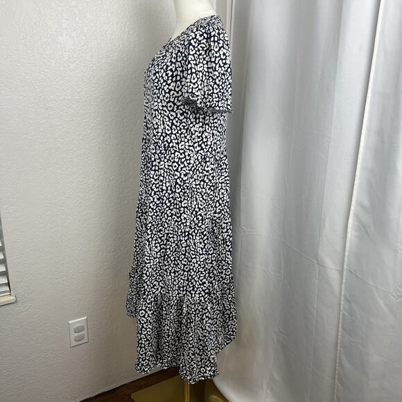 J Crew Midi Dress Womens Medium Blue White Leopard Print Puff Sleeve Tiered Boho - Picture 5 of 13